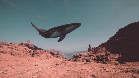 Whale Soaring Over Mars-Like Terrain Ilustração Stock