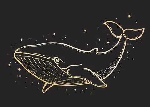 Whale on starry background. Vector illustration in vintage graphic style Stock Illustration