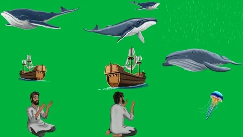 Whale is swimming green screen two whales are ocean rain falling down boat. Stock Footage 310562785