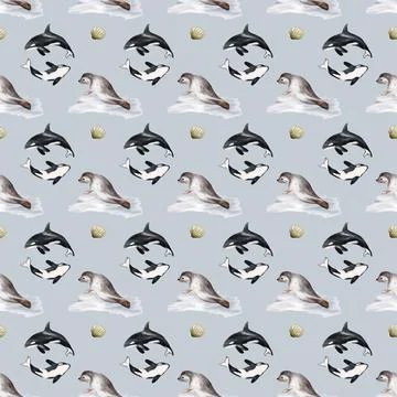 Whales and seals pattern design with seamless repeat on light blue background Stock Illustration