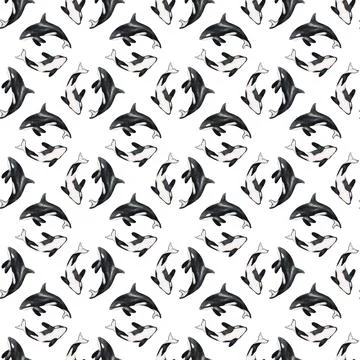 Whales and seals seamless pattern in black and white for textile and wrappi.. Stock Illustration
