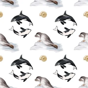 Whales and seals textile pattern with marine life and fossil prints Illustrazione stock
