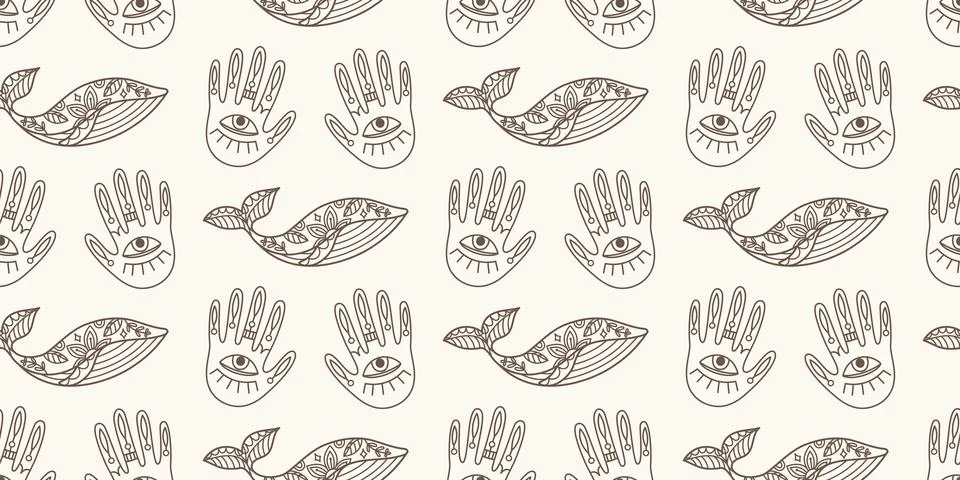 Whales Palms Boho Seamless pattern. Vintage Print Illustrazione stock