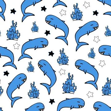 Whales Seamless Pattern. Background with Hand Drawn Doodle Cute Whales, Corals Stock Illustration