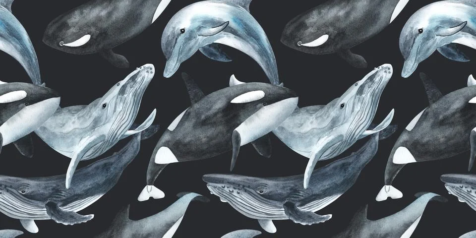 Whales seamless pattern. Repeating texture with marine mammals. Watercolor Stock Illustration