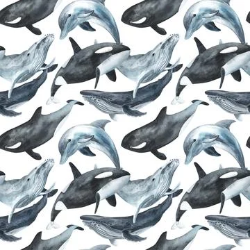 Whales seamless pattern. Repeating texture with marine mammals. Watercolor Stock Illustration