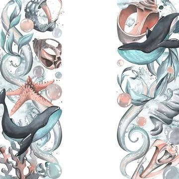 Whales with seashells, starfishes, bubbles, algae and corals turquoise Stock Illustration