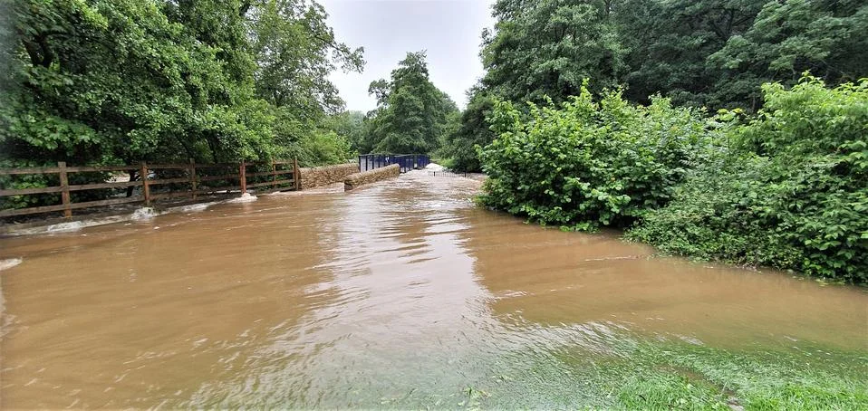 Whaley Bridge memorial park flooded due to extreme weather and rain fall Stock Photos
