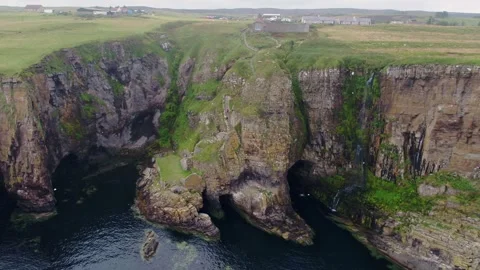 Whaligoe steps in Lybster Sutherland drone aerial video Stock Footage 247350812