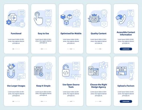 What makes website attractive light blue onboarding mobile app screen set イラスト素材