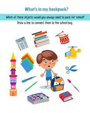 What is in my backpack. Connect items. Game for children. Activity, vector. Stock Illustration