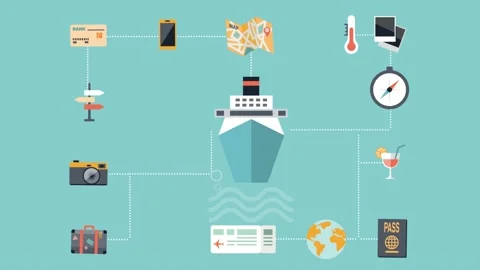 What to pack for a vacation. Items to take on the go. Cruise ship with icons. Stock Footage 150150130