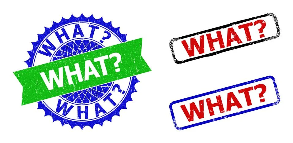 WHAT Question Rosette and Rectangle Bicolor Watermarks with Distress Styles Illustrazione stock