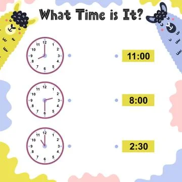 What time is it activity page for kids with clock Stock Illustration