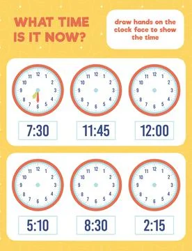 What time is it? Draw hands on the clock face. Time worksheet practice print Stock Illustration
