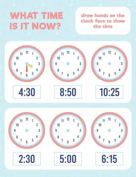 What time is it? Draw hands on the clock face. Time worksheet practice print Stock Illustration