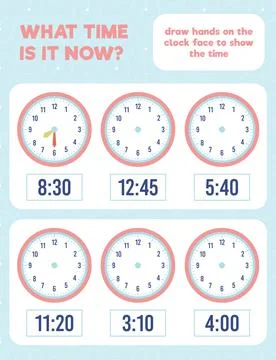 What time is it? Draw hands on the clock face. Time worksheet practice print Stock Illustration