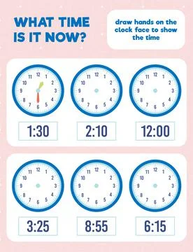 What time is it? Draw hands on the clock face. Time worksheet practice print Stock Illustration