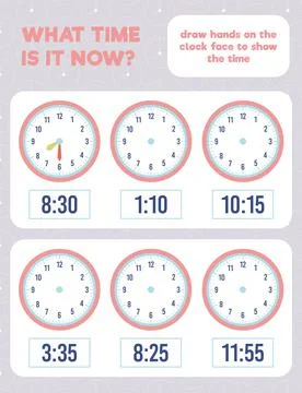 What time is it? Draw hands on the clock face. Time worksheet practice print Stock Illustration