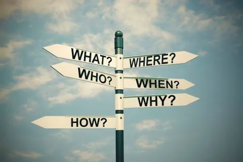 What, Where, Who, Why, When, How-written with Direction board Stock Illustration