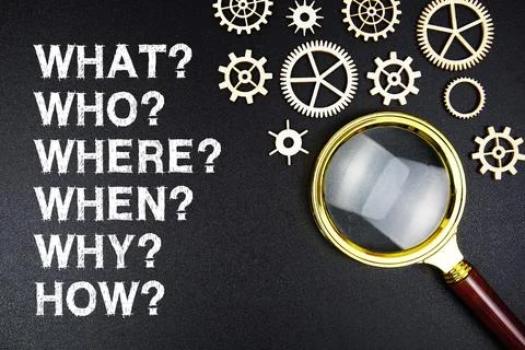 What?, who?, where, when?, why? and how? text message with magnifying glass.. Foto stock