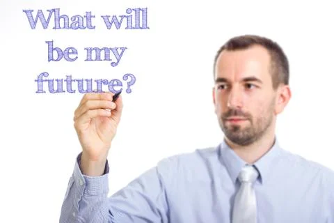 What will be my future? - Young businessman writing blue text on transparen.. Stock Photos