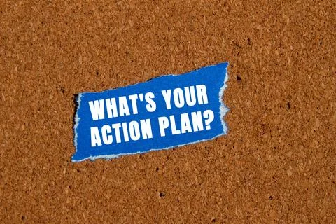 What is your action plan message written on ripped torn blue paper piece on.. 스톡 사진