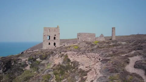 Wheal Coates Tin Mine Walk from a drone, St Agnes, Cornwall, England Stock Footage 173001623