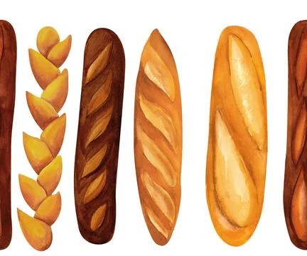 Wheat and rye baguette bread with sourdough, watercolor seamless pattern. F.. Illustrazione stock