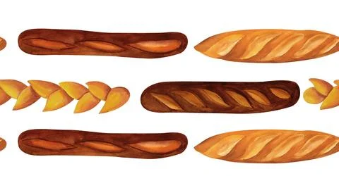 Wheat and rye baguette bread with sourdough, watercolor seamless border. Fo.. Stock Illustration