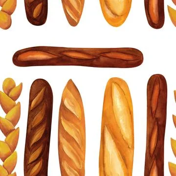 Wheat and rye baguette bread with sourdough, watercolor seamless pattern. F.. 스톡 일러스트