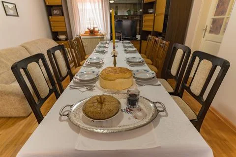 Wheat and wine on a table put on the table as a part of an Orthodox Christian Stock Photos