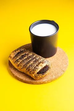 Wheat bread breakfast and milk in morning, croissant, plate Stock Photos