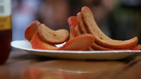 Wheat bread croutons. Close up view of beer and snacks. Stock Footage 162698982