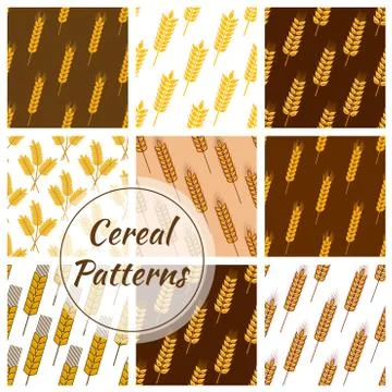 Wheat cereal grain, rye ears seamless patterns set Stock Illustration