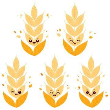 Wheat character set. Cute cartoon cereal plants barley. Stock Illustration