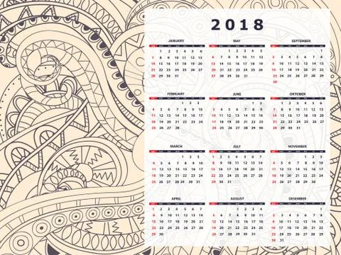 Wheat color tangle zen pattern calendar year 2018 Stock Illustration