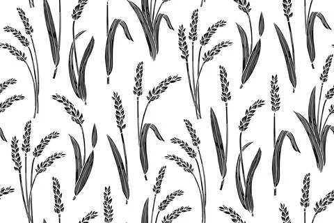Wheat ear engraving seamless pattern ink stamp ripe spike endless print Stock Illustration