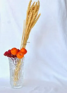 Wheat ears and artificial red flowers in a vase on a white background Stock Photos