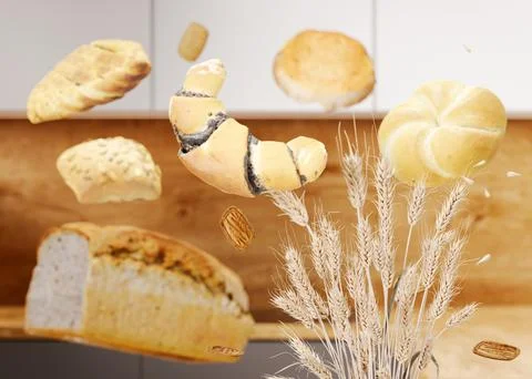 Wheat ears, bread, pastries. Celiac disease and gluten intolerance concept... Stock Photos