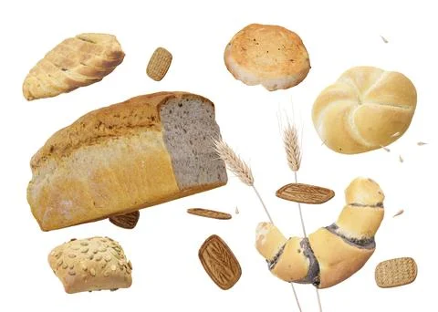 Wheat ears, bread, pastries isolated on white background. Celiac disease and Stock Illustration