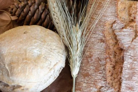 Wheat ears in the middle of two different kinds of bread Stock Photos