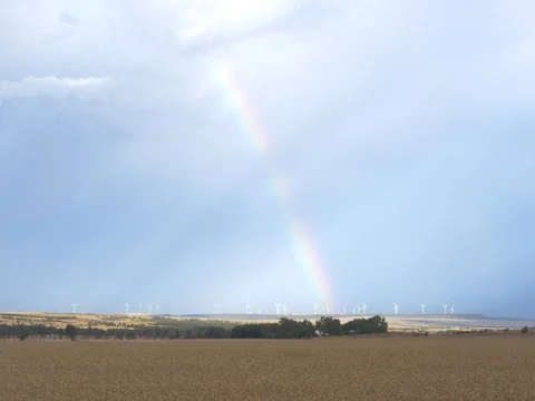 Wheat field with rainbow and wind turbines in the background Stock Footage 83262261