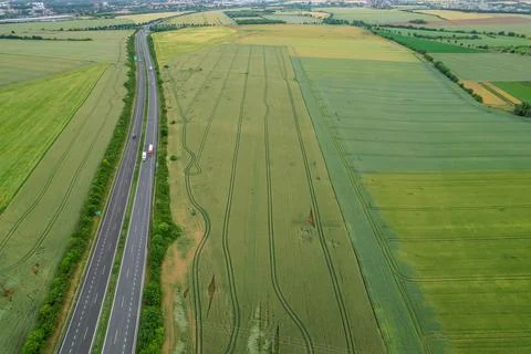 Wheat field. View of the fields and roads from the height of the flying drone Stock Photos