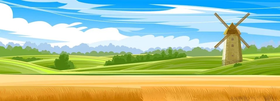 Wheat fields and grass meadows. Hills with blue sky and clouds. Windmill for Stock Illustration
