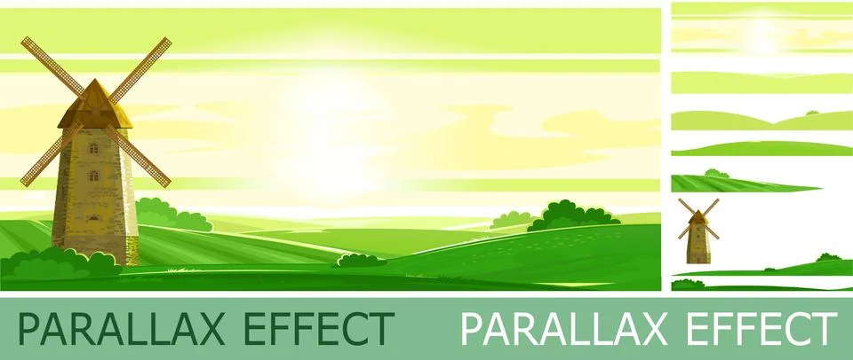Wheat fields and grass meadows with parallax effect. Hills with blue sky and  Stock Illustration