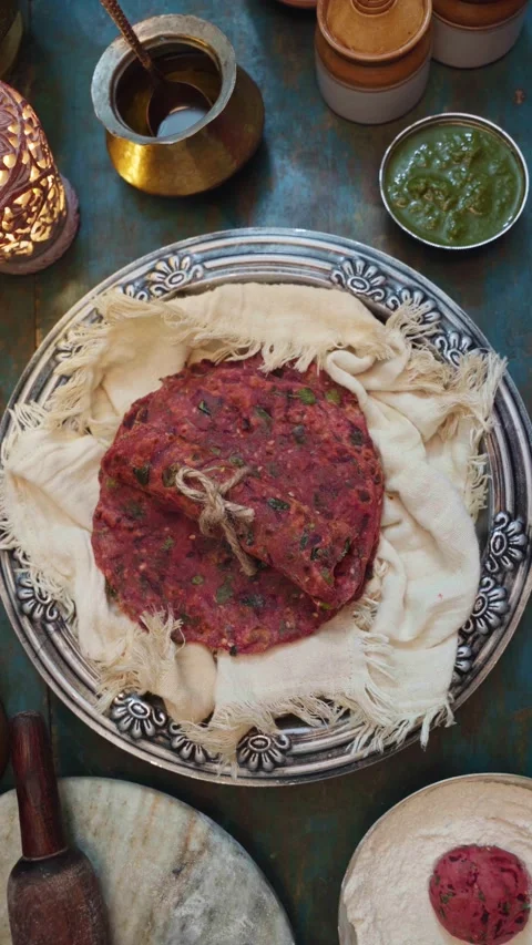 Wheat flatbread stuffed with a spiced beetroot filling  in a silver plate. Stock Footage 283361856