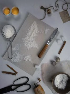 Wheat flour in the form of a world map. Food vintage. top view. overhead Stock Photos