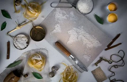 Wheat flour in the form of a world map. Food, scales vintage. top view. overhead Stock Photos