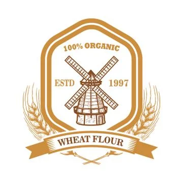Wheat flour label template with wind mill. Design element for logo, emblem, s Stock Illustration